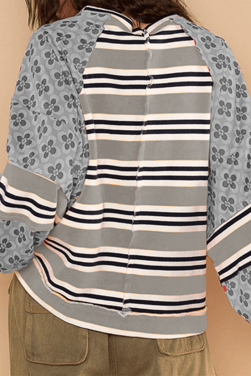 Striped Print Flowers Contrast O Neck Hoodies(6 Colors)