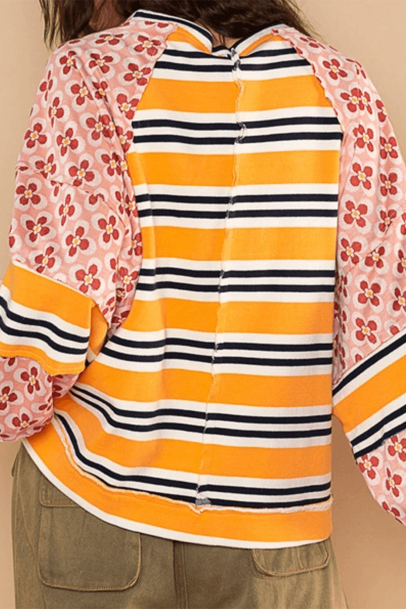 Striped Print Flowers Contrast O Neck Hoodies(6 Colors)