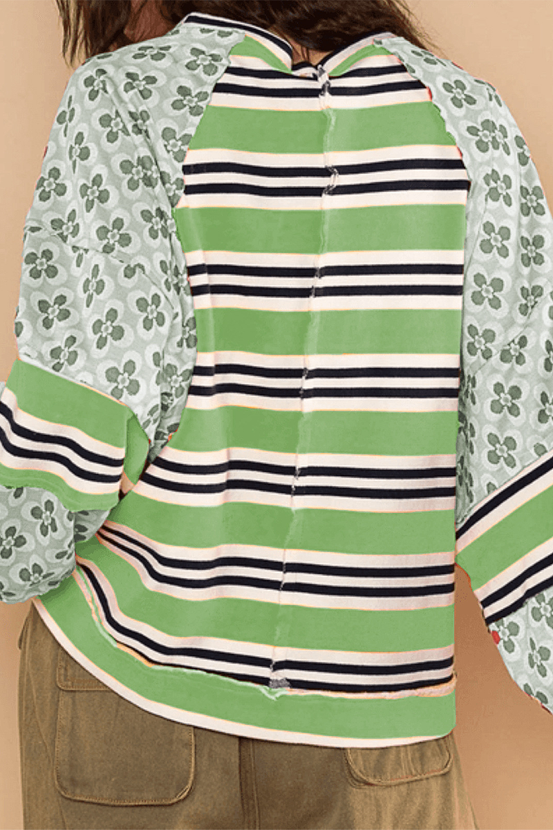 Striped Print Flowers Contrast O Neck Hoodies(6 Colors)
