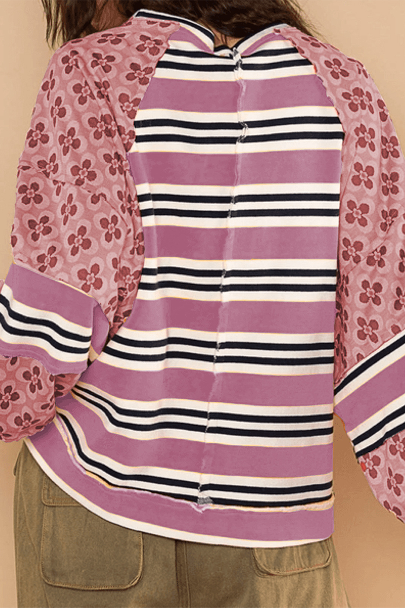 Striped Print Flowers Contrast O Neck Hoodies(6 Colors)
