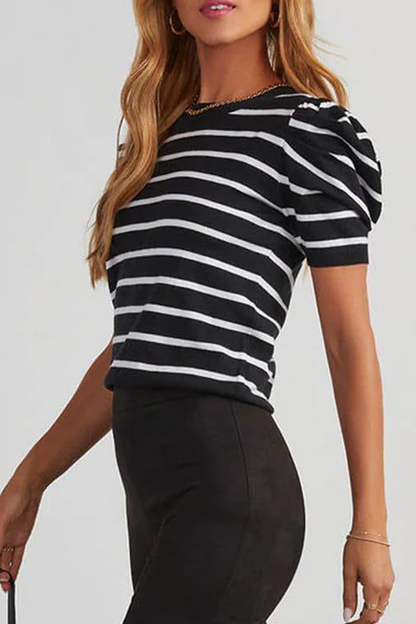 Stripe Ruched Weave O Neck T-shirts(5 Colors)