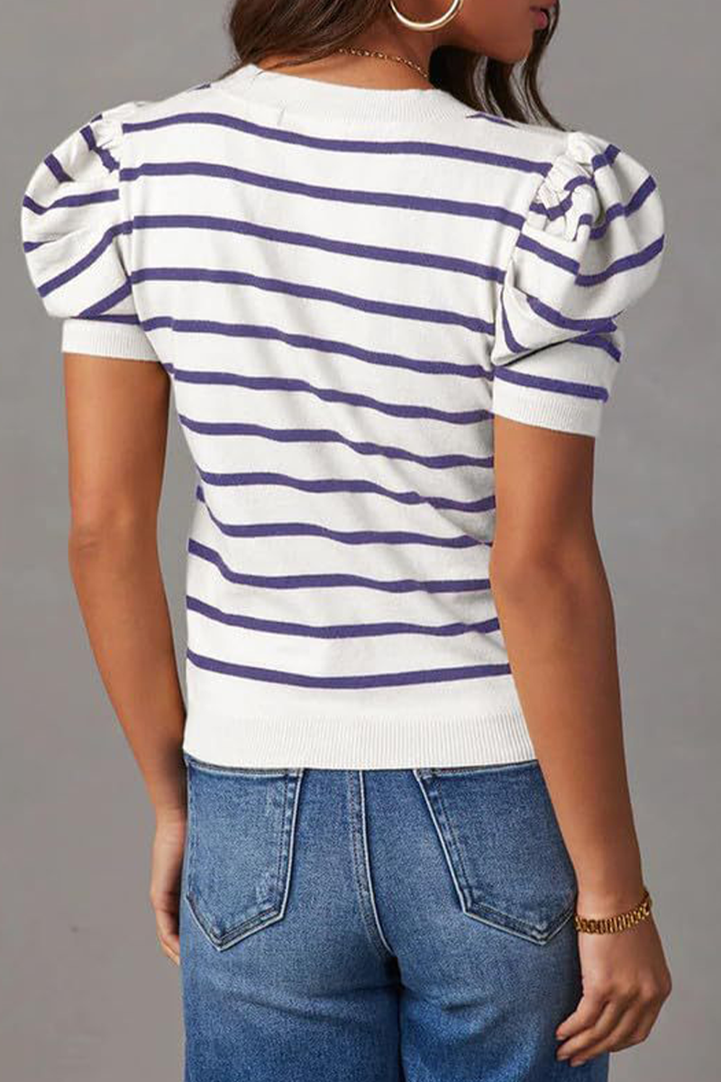 Stripe Ruched Weave O Neck T-shirts(5 Colors)