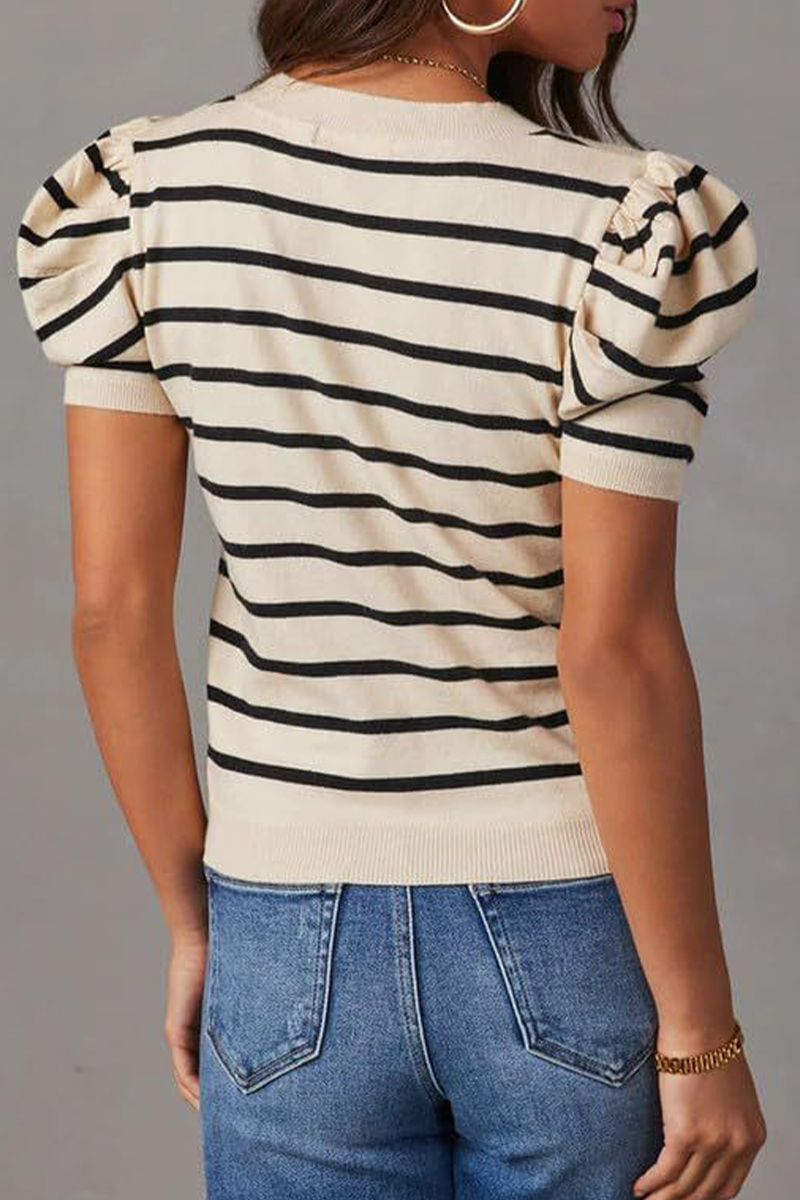 Stripe Ruched Weave O Neck T-shirts(5 Colors)