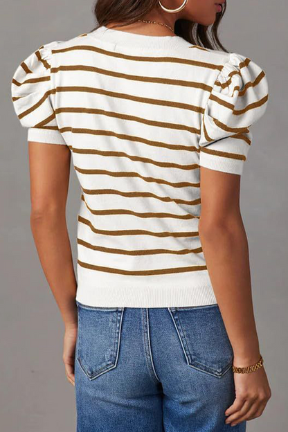 Stripe Ruched Weave O Neck T-shirts(5 Colors)
