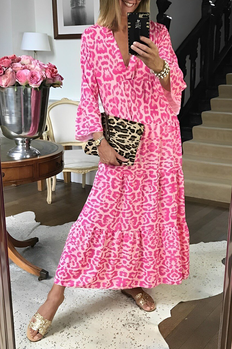 Print V Neck Cake Skirt Dresses