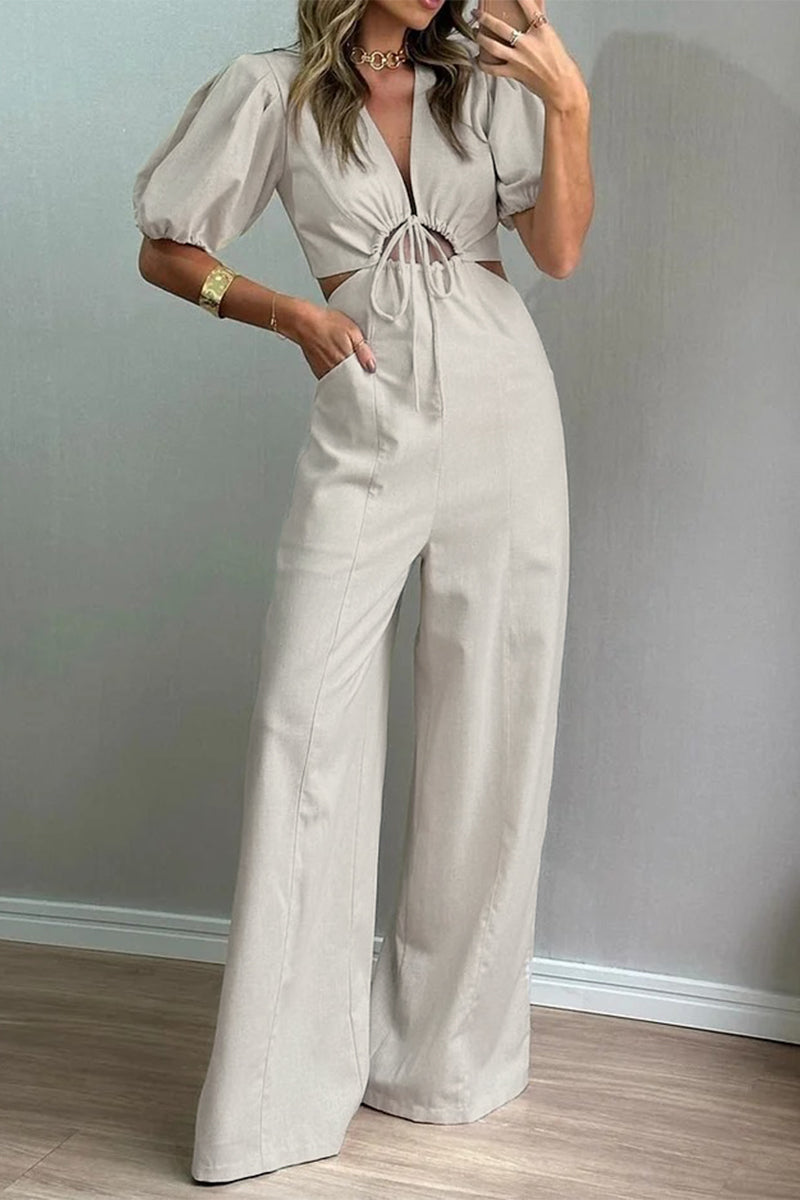 Daily Color Hollow Out Pocket Lace Up V Neck Loose Jumpsuits