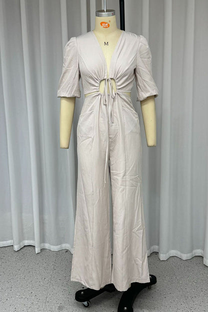Daily Color Hollow Out Pocket Lace Up V Neck Loose Jumpsuits