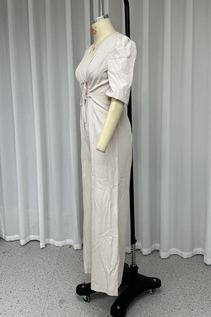 Daily Color Hollow Out Pocket Lace Up V Neck Loose Jumpsuits
