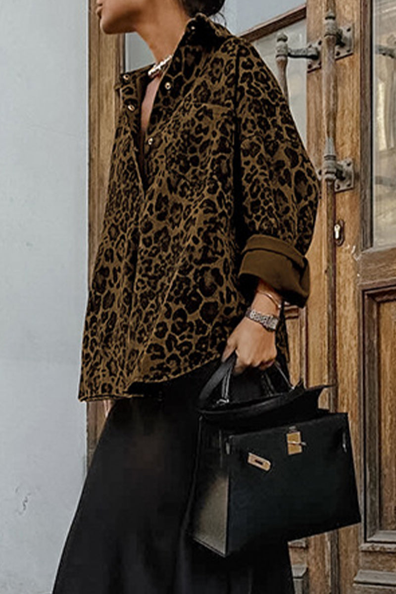Street Leopard Print Buttons Turndown Collar Blouses