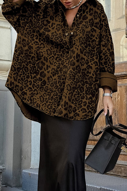Street Leopard Print Buttons Turndown Collar Blouses