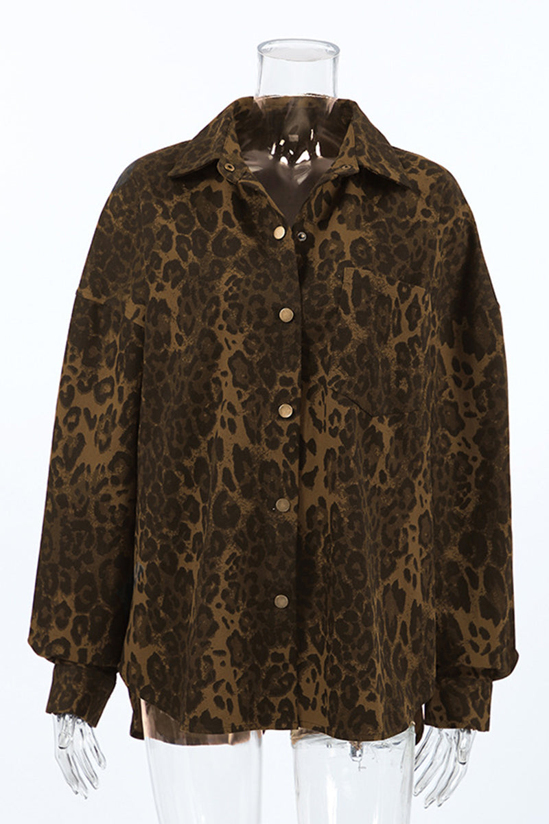 Street Leopard Print Buttons Turndown Collar Blouses