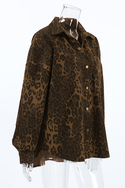 Street Leopard Print Buttons Turndown Collar Blouses