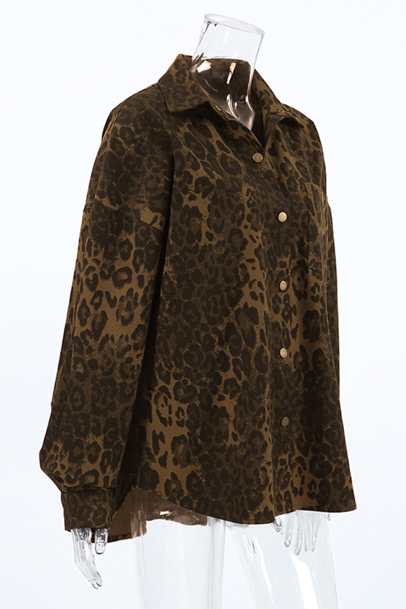 Street Leopard Print Buttons Turndown Collar Blouses