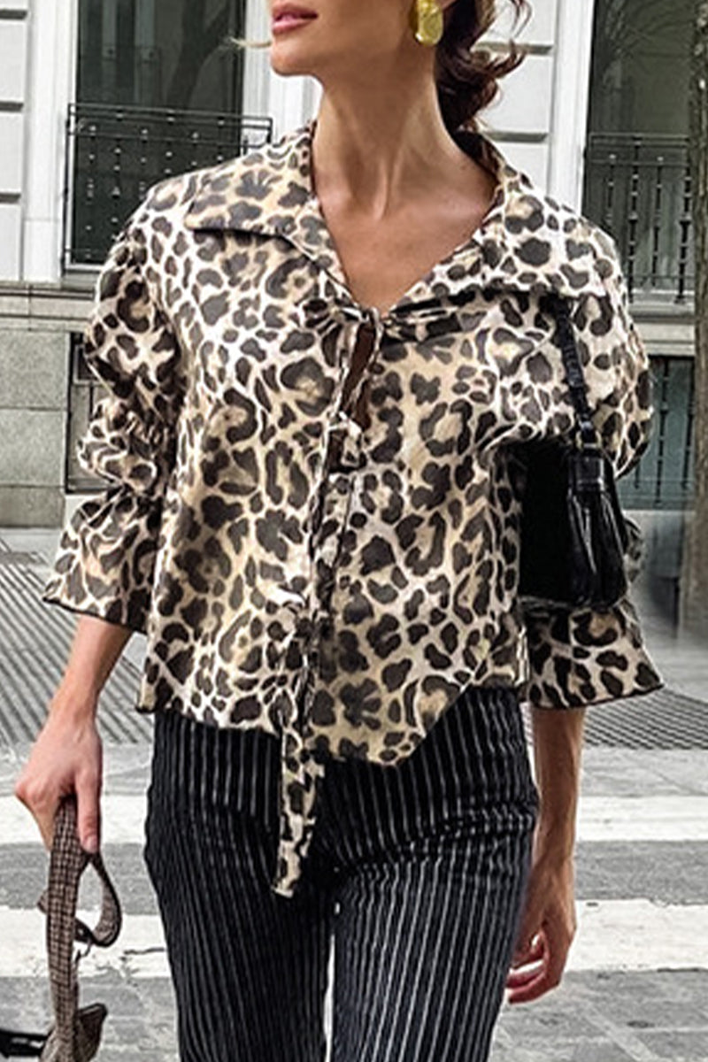 Street Leopard Print Lace Up Turndown Collar Blouses