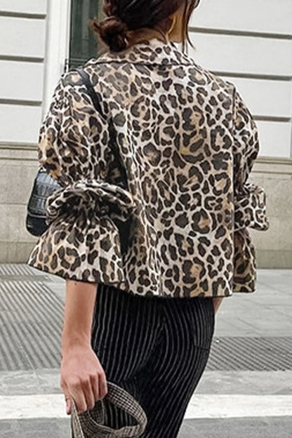 Street Leopard Print Lace Up Turndown Collar Blouses