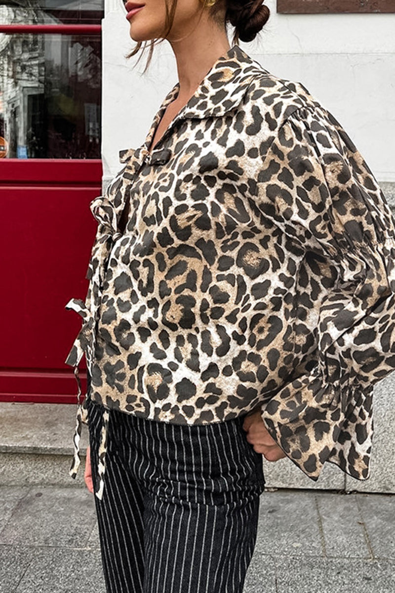 Street Leopard Print Lace Up Turndown Collar Blouses
