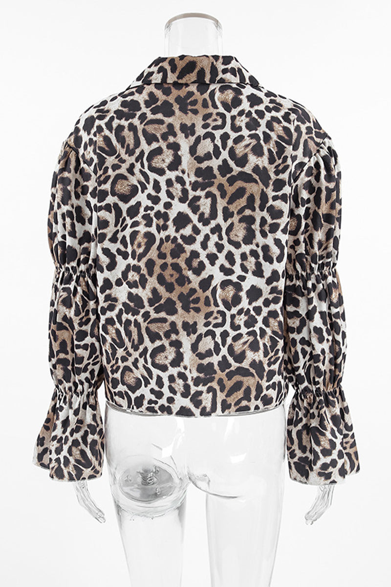 Street Leopard Print Lace Up Turndown Collar Blouses