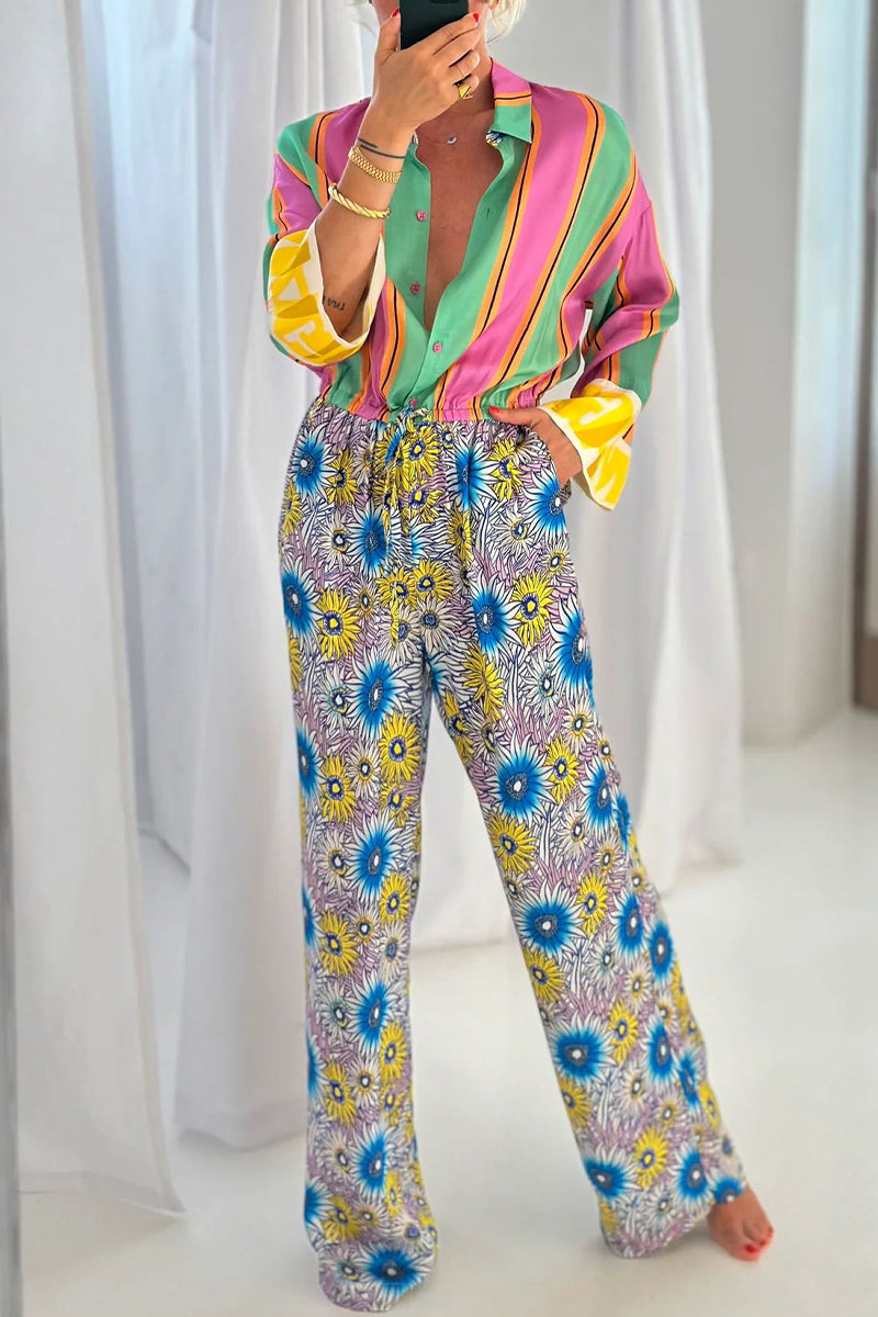 Street Striped Print Flowers Pocket Lace Up Buttons Turndown Collar Loose Jumpsuits