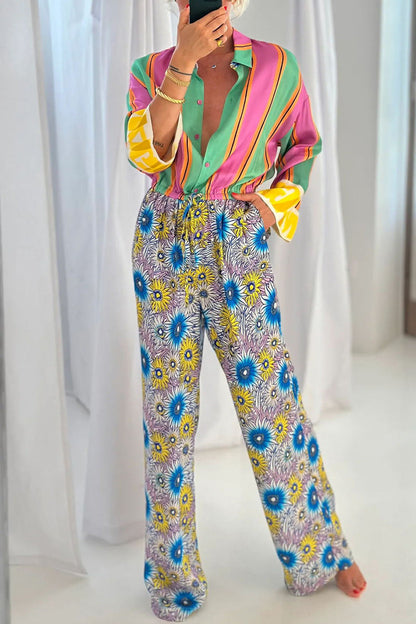 Street Striped Print Flowers Pocket Lace Up Buttons Turndown Collar Loose Jumpsuits