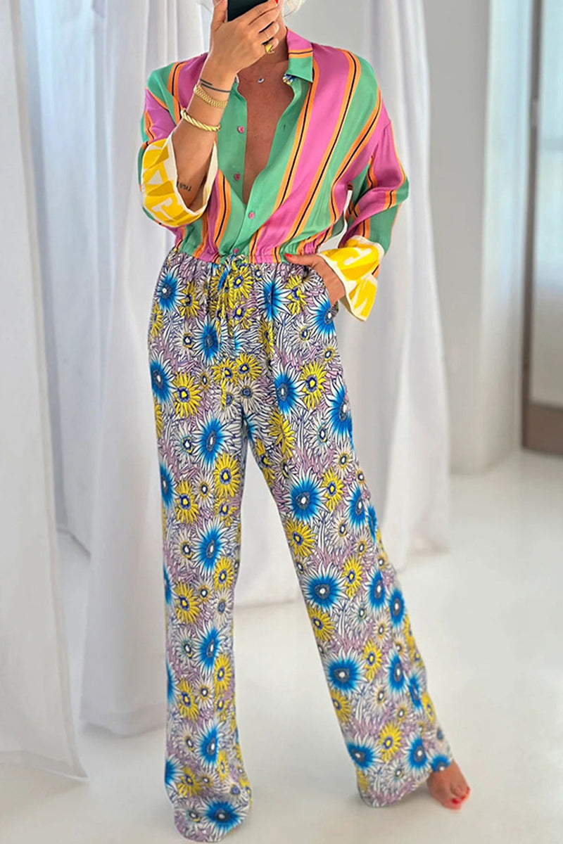 Street Striped Print Flowers Pocket Lace Up Buttons Turndown Collar Loose Jumpsuits
