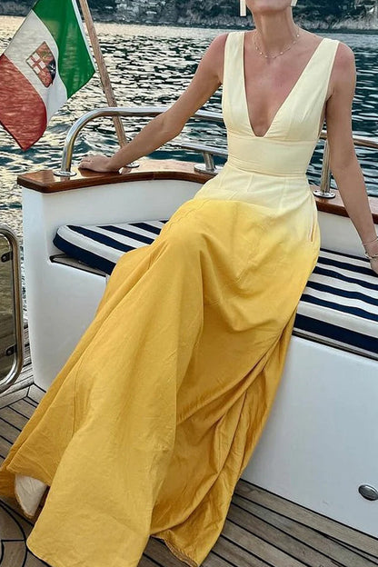 Gradient Print Contrast V Neck Long Dresses