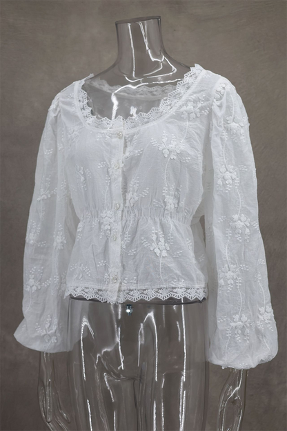 Daily Color Embroidered Buttons See-through U Neck Blouses