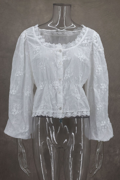 Daily Color Embroidered Buttons See-through U Neck Blouses