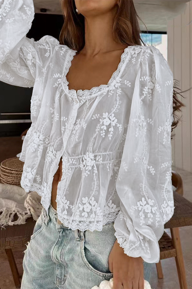 Daily Color Embroidered Buttons See-through U Neck Blouses
