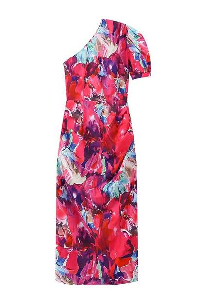 Print Ruched Irregular Contrast Sloping Shoulder One Step Skirt Dresses
