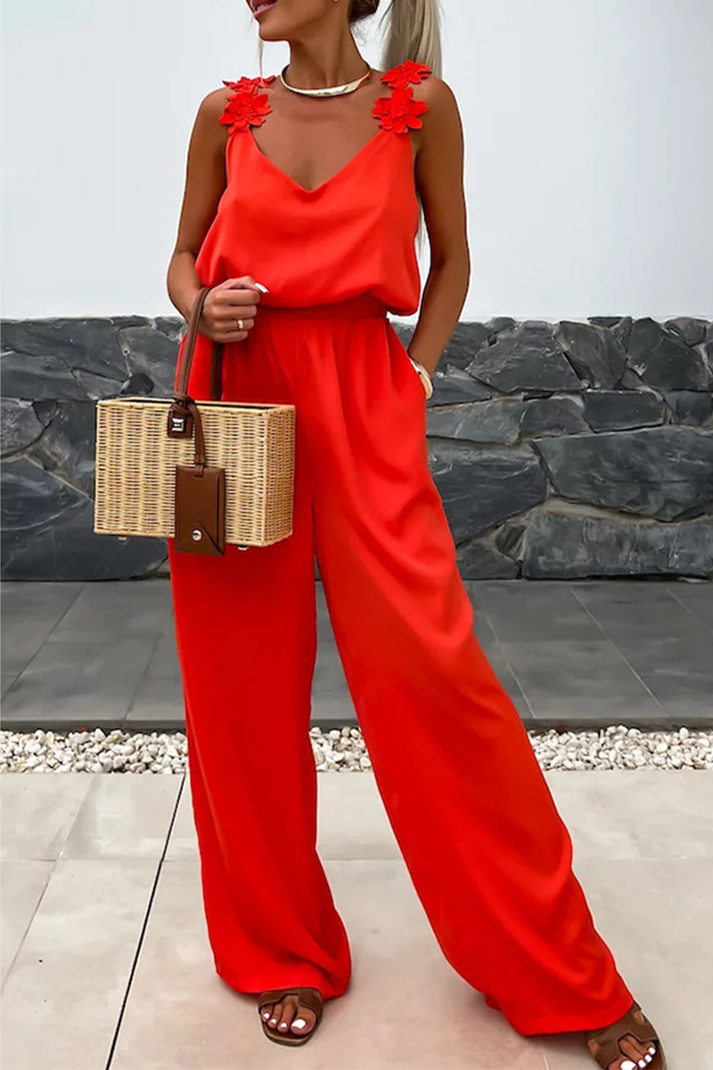 Daily Color Pocket Flower Shape V Neck Loose Jumpsuits(3 Colors)