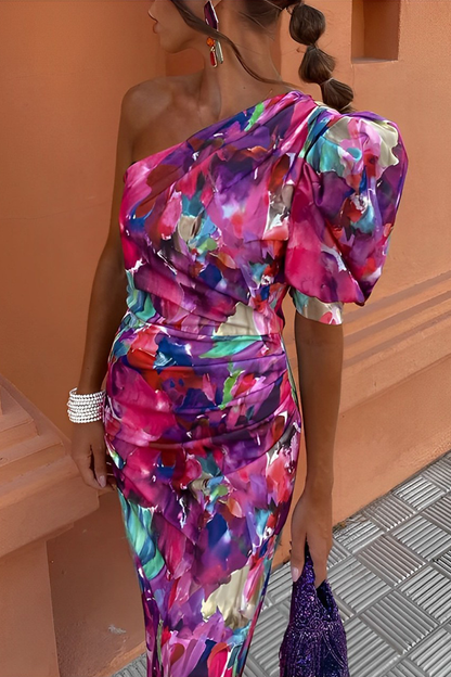 Print Ruched Irregular Contrast Sloping Shoulder One Step Skirt Dresses