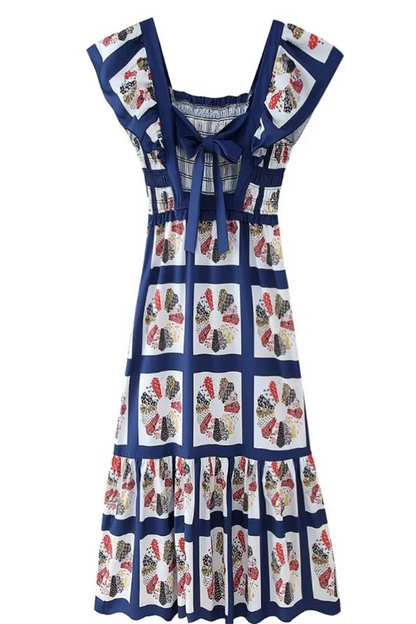 Geometric Print Patchwork Bow Decor Contrast Square Neck One Step Skirt Dresses