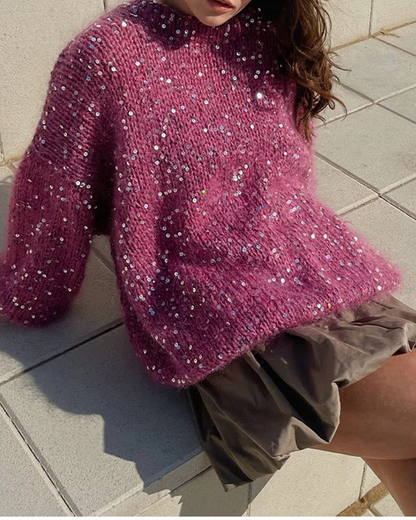 Color Sequins O Neck Sweaters(3 Colors)