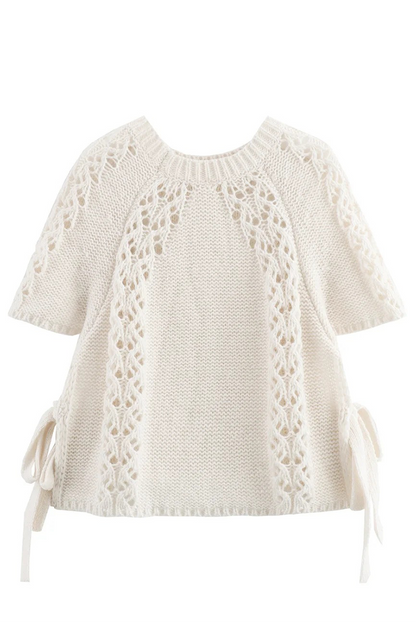 Color Hollow Out Draw String Weave O Neck Sweaters
