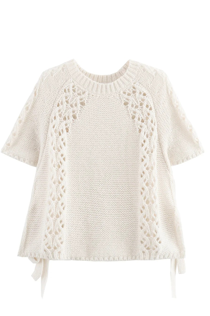 Color Hollow Out Draw String Weave O Neck Sweaters