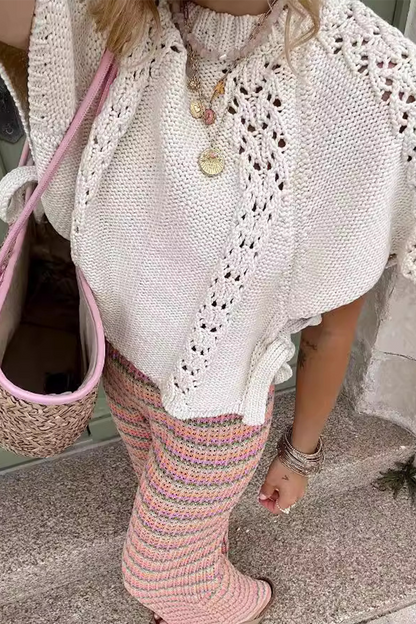 Color Hollow Out Draw String Weave O Neck Sweaters
