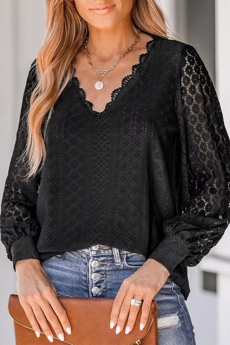 Street Color Lace V Neck Blouses