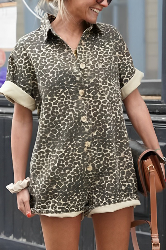 Street Leopard Print Buttons Turndown Collar Loose Rompers