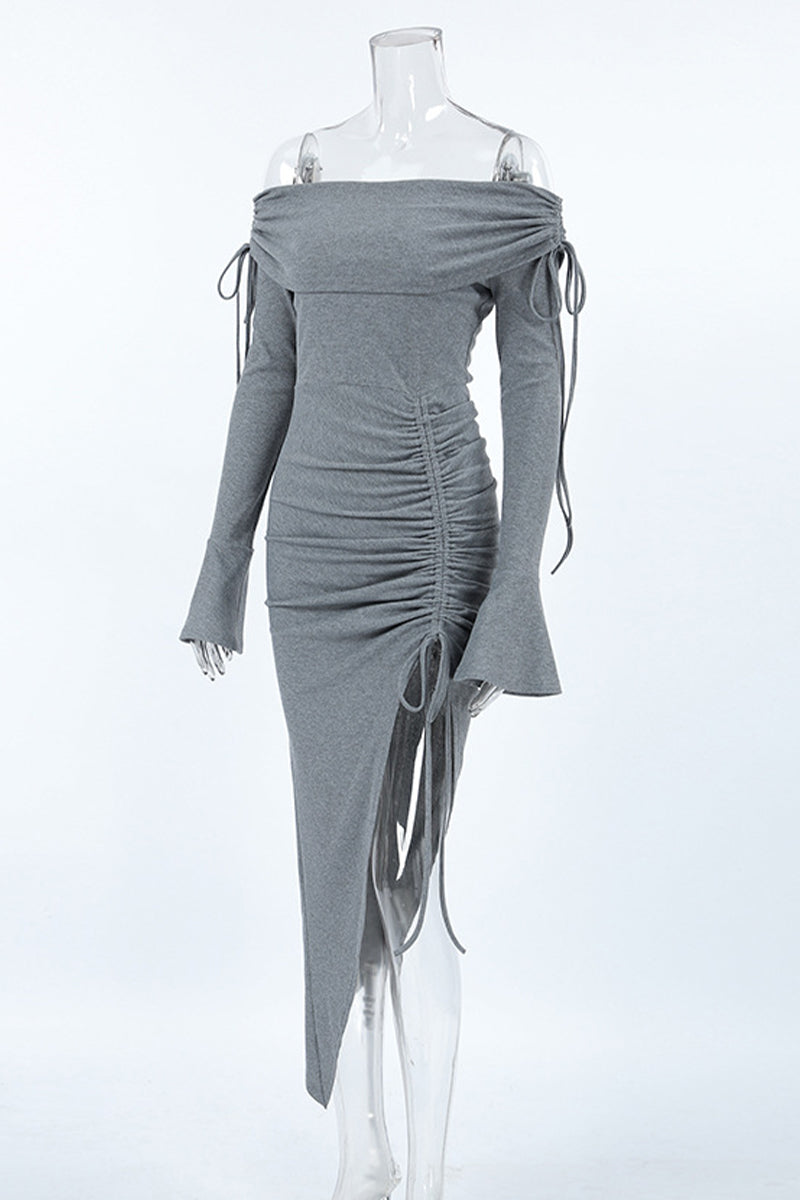 Color Draw String Off Shoulder Wrapped Skirt Dresses