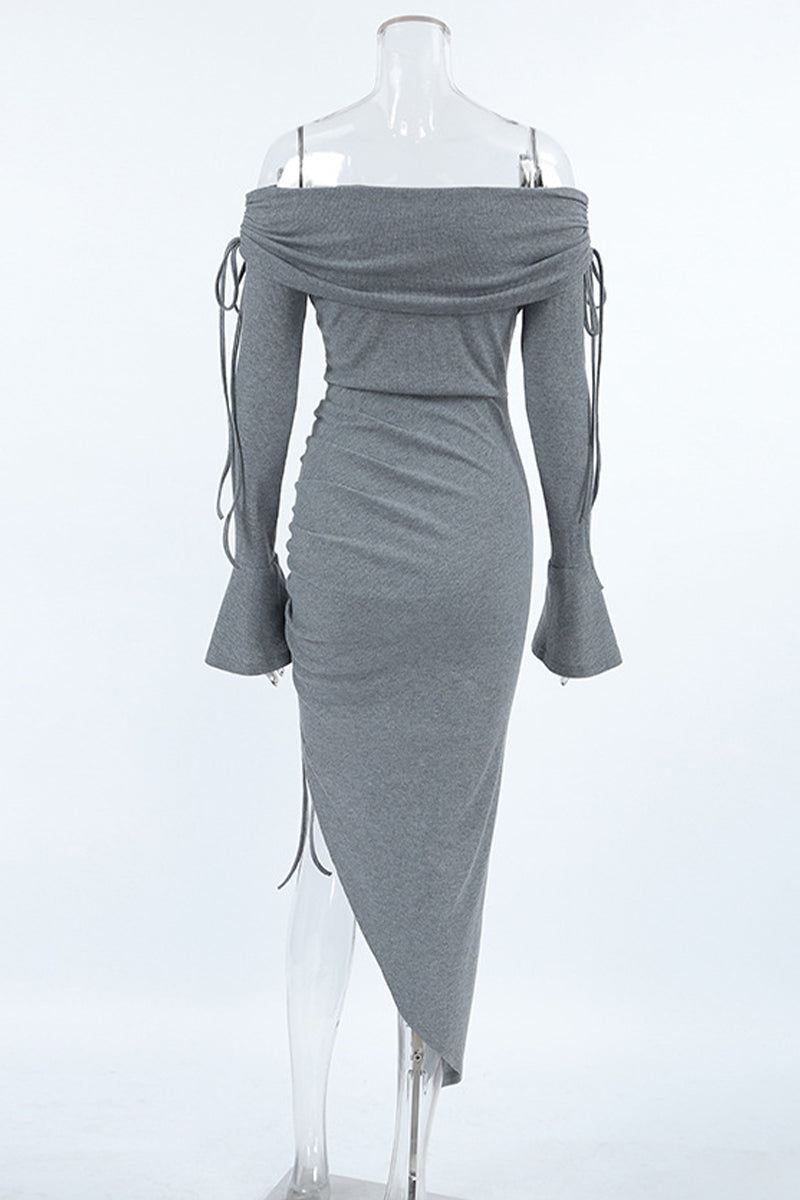 Color Draw String Off Shoulder Wrapped Skirt Dresses
