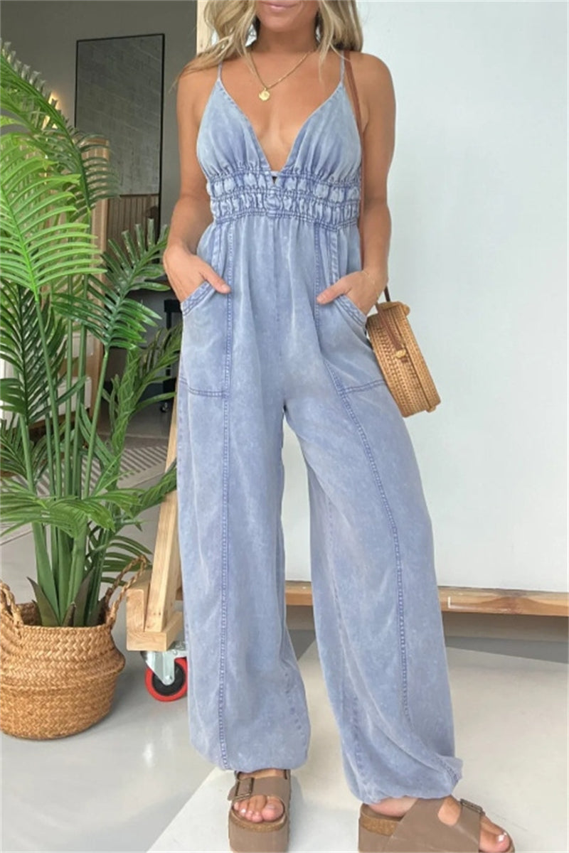 Patchwork Backless Spaghetti Strap Fitted Jumpsuits(5 Colors)