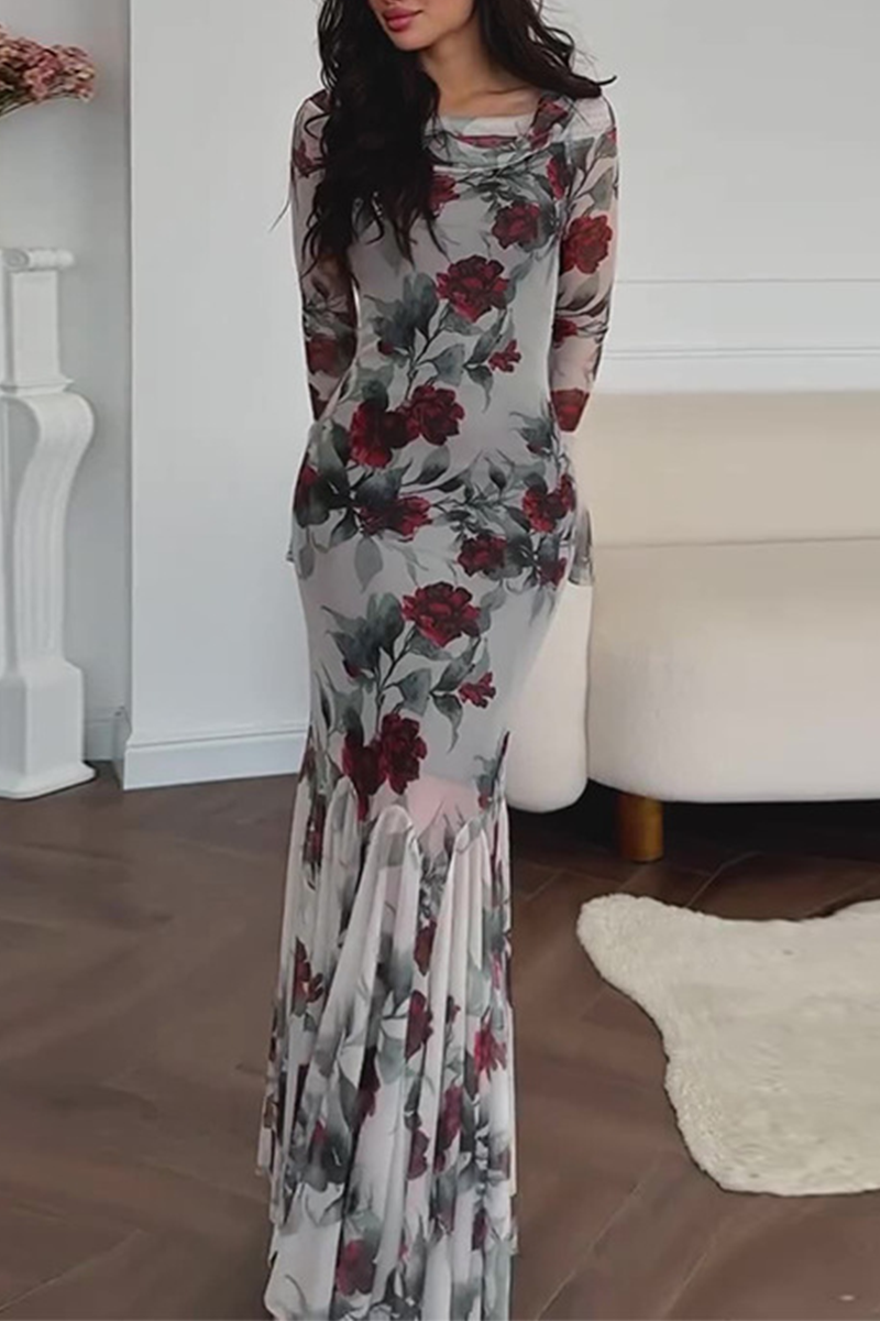 Flowers Print Patchwork Fishtail Square Neck Wrapped Skirt Dresses