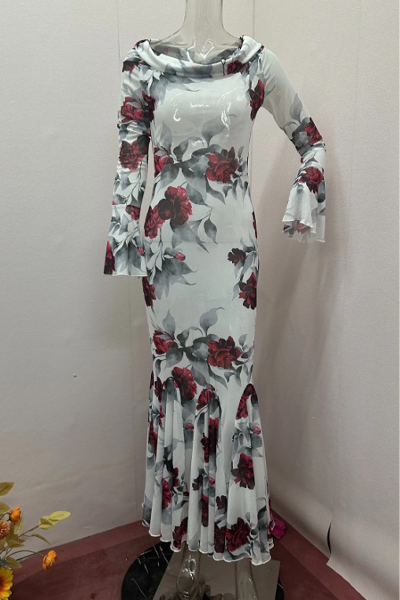 Flowers Print Patchwork Fishtail Square Neck Wrapped Skirt Dresses