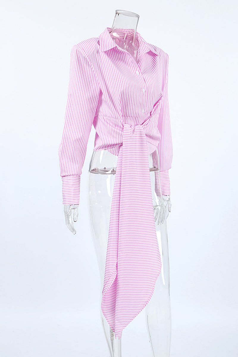 Street Striped Print Lace Up Buttons Turndown Collar Blouses