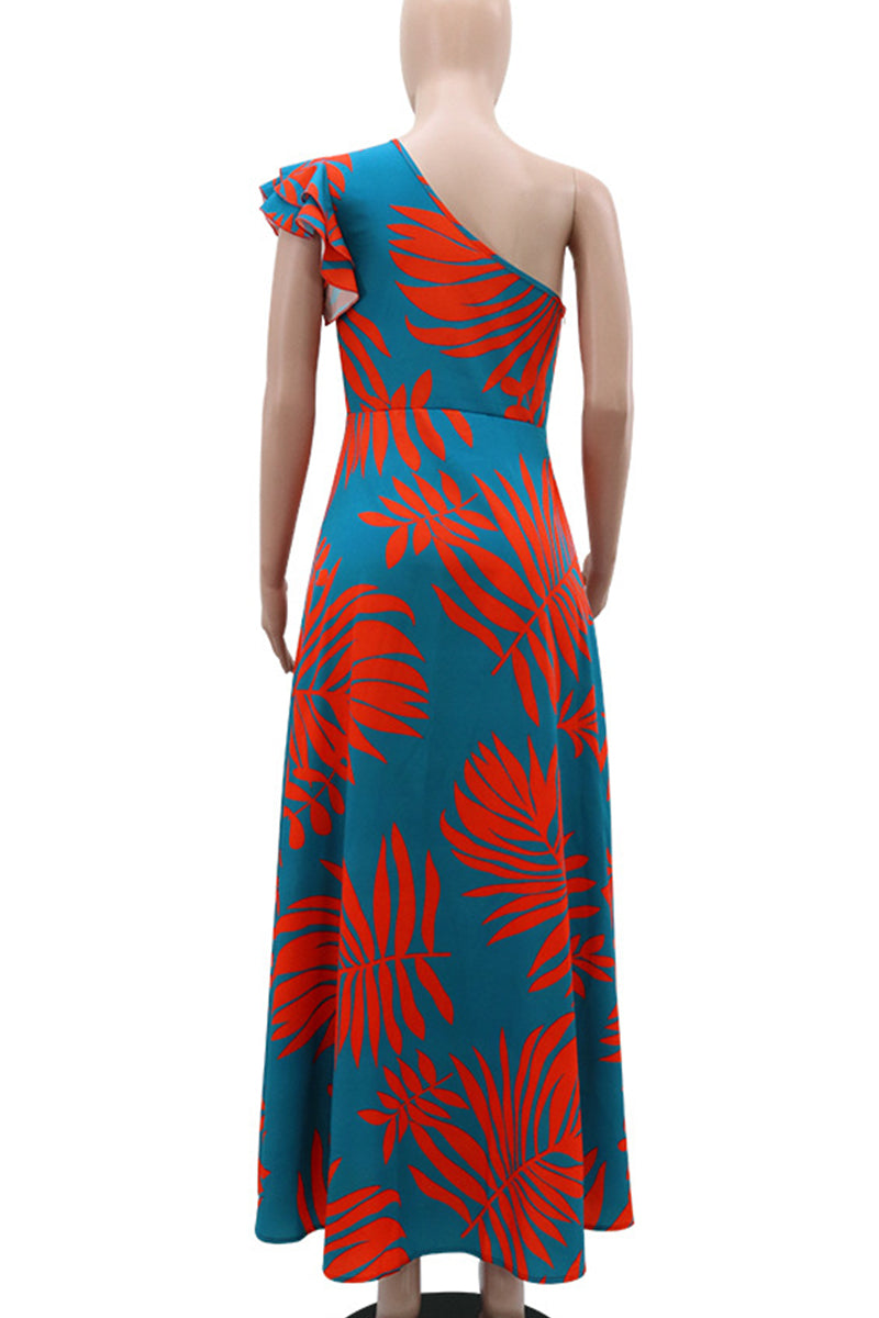 Print Patchwork Backless High Slit Ruffled Trim Oblique Collar Long Dresses