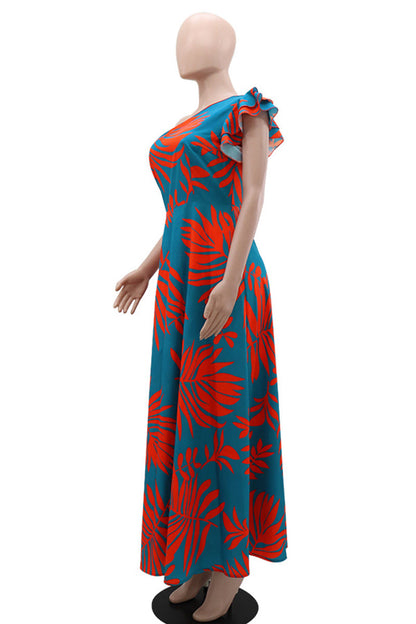 Print Patchwork Backless High Slit Ruffled Trim Oblique Collar Long Dresses