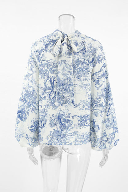 Bstreet Daily Landscape Printing Lace Up Mandarin Collar Blouses