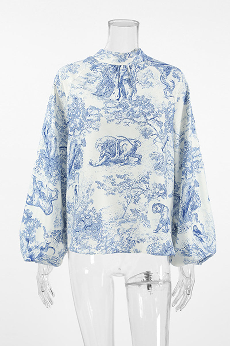 Bstreet Daily Landscape Printing Lace Up Mandarin Collar Blouses