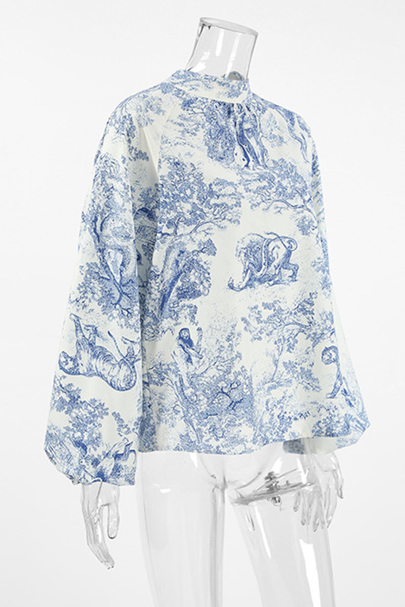 Bstreet Daily Landscape Printing Lace Up Mandarin Collar Blouses