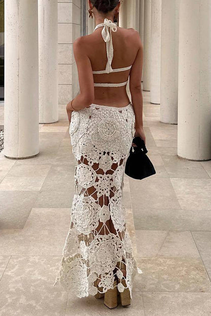 Hollow Out Lace Up Backless Halter One Step Skirt Dresses